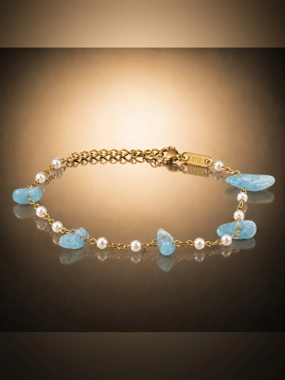 Gold Chain Bracelet with Aquamarine Chips and Pearl Accents